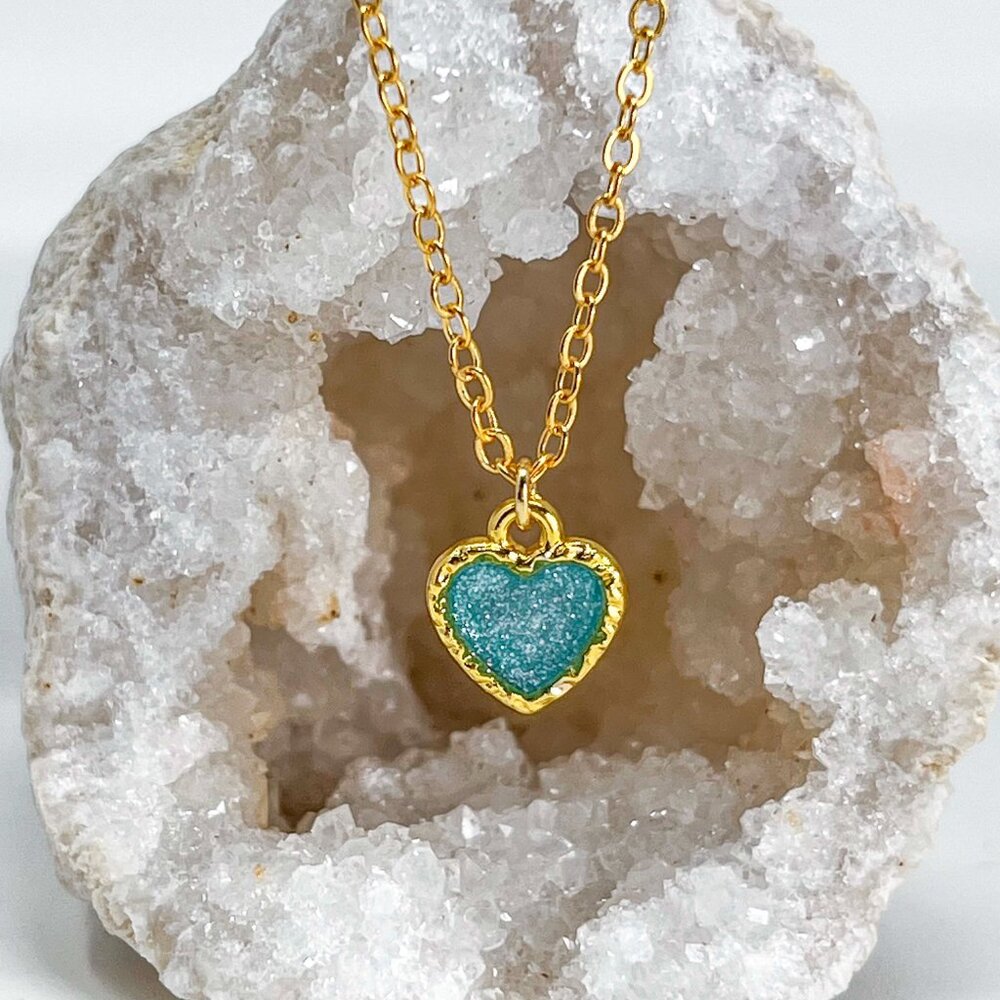 320 14k Gold Lake Blue Glitter Resin Heart Charm Handmade Pendant Necklace 13$